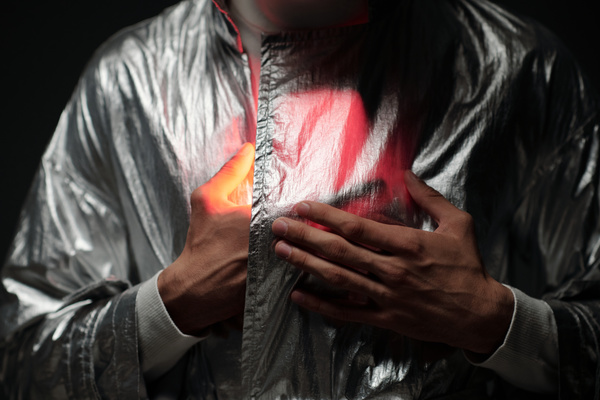 A cyberpunk man holds a red glowing heart under his fashionable silvery coat keeping one hand under the collar