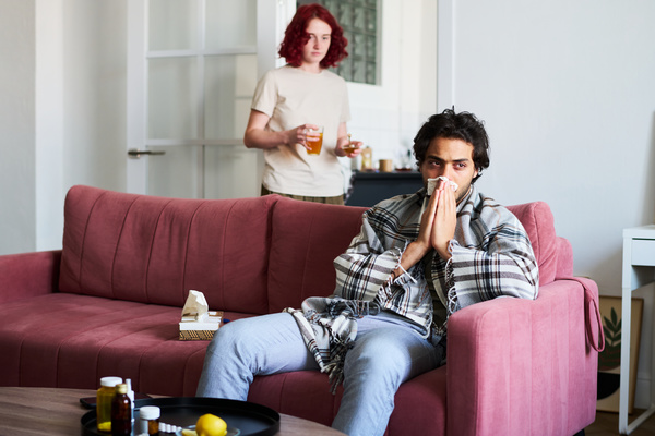 A young girl with short red hair brought tea to the living room with a pink sofa on which a sick man with dark hair is sitting with a cold wrapped in a plaid and holding a paper handkerchief to his nose