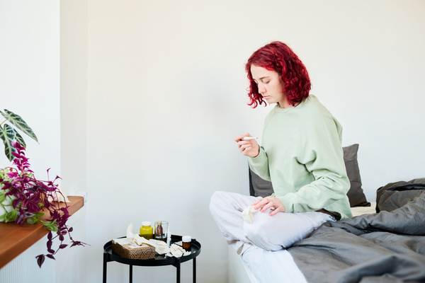 A sick girl with red hair dressed in pajamas sitting in a lotus position on the edge of the bed and measuring the temperature in front of which there is a table with medicines opposite the window sill with flowers