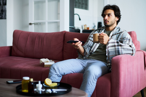 A male with a cold is sitting on the sofa next to a table on which there are pills with a mug of tea and a remote control in his hand and watching TV covered with a plaid in a cage