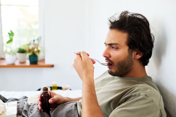 A man with black shaggy hair and beard has a sore throat and is sitting on the bed taking cough medicine