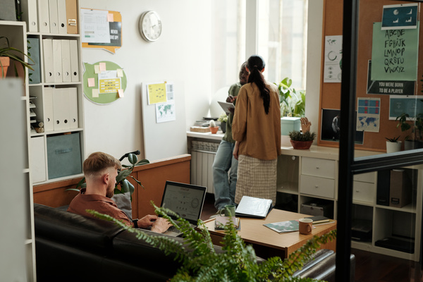 A young man with blond hair is working on a laptop with statistical data on projects sitting on the couch while his colleagues are discussing a startup standing aside by the window in an office with plants