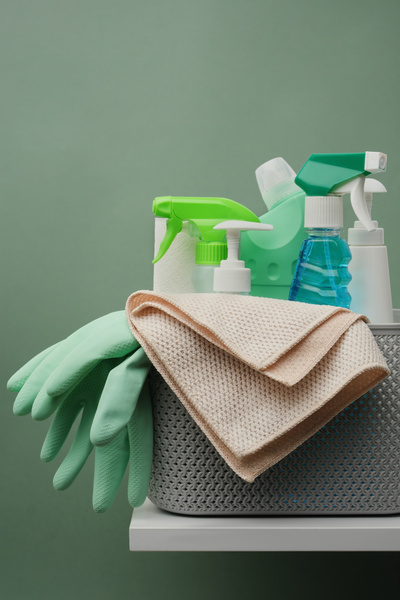Dispensers and sprayers with household chemicals with green rubber gloves and light microfiber in a plastic basket on the shelf