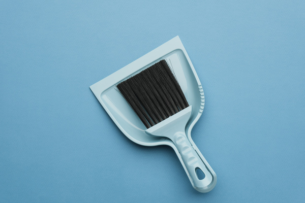 A cleaning kit consisting of a brush with black bristles and a blue dustpan is on a blue surface