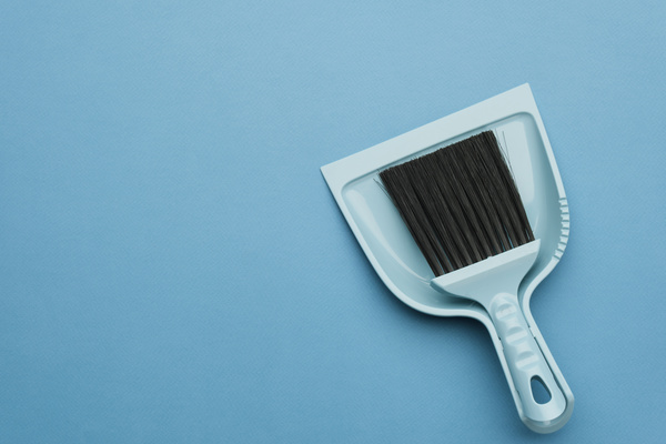 A cleaning set consisting of a brush with black bristles and a blue dustpan lying on a blue surface
