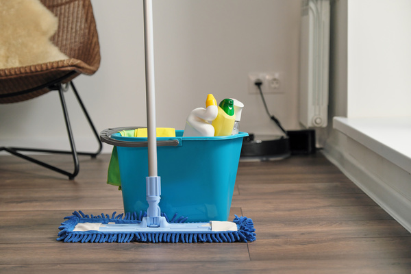 A floor cleaning kit consisting of a mop and a blue bucket with household chemicals is on the floor