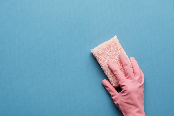 A pink terry sponge is held with a hand in a pink rubber glove on a blue background