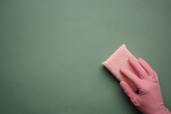 A hand in a pink rubber glove holding a terry sponge for washing dishes on a dark green background