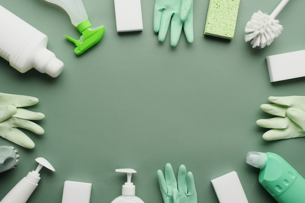 A round flatlay of a kit for general cleaning of the toilet consisting of household chemicals brushes sponges and other cleaning devices on a green surface