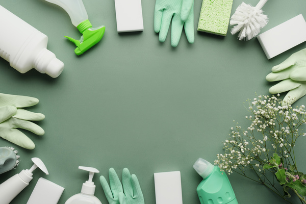 A round flatlay of equipment for total toilet cleaning such as household chemicals brushes sponges and other cleaning devices on a green surface with gypsophiles