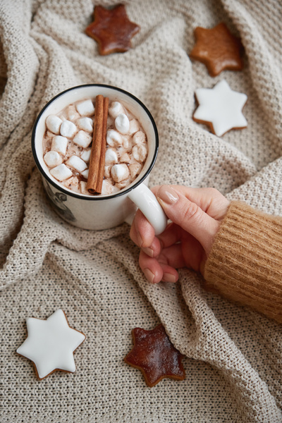 A mug filled with cocoa with marshmallows and a cinnamon stick in a female hand on a light knitted blanket with gingerbread in dark and light glaze