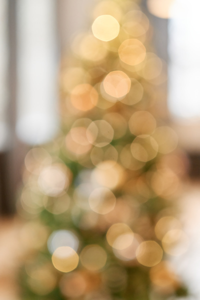A blurry shot of a Christmas tree with warm-hued lights