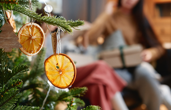 Dried orange slices on twine hang on a Christmas tree with wooden toys