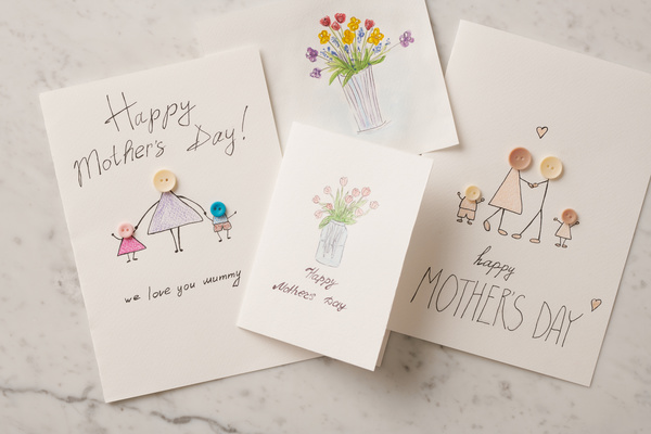 A lot of handmade cards for Mothers Day with thematic illustrations and applications on the marble surface