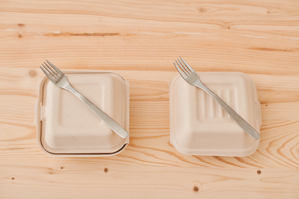 Closed eco friendly containers for food with metal forks on them standing on a table made of light wood
