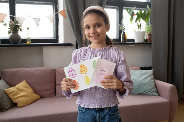A smiling girl with tidied up hair dressed up in a pink blouse holds homemade Easter cards with a bright picture and congratulations