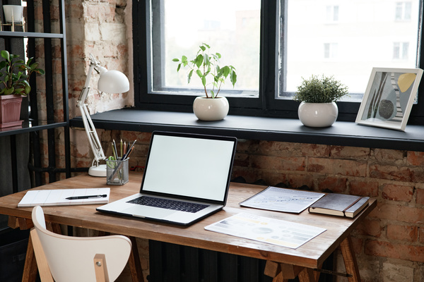Laptop and documents with stationery on a wooden work desk in the office at the window with indoor plants