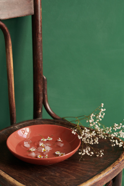 Small white flower buds with water in a red plate on a chair with white gypsophiles on a green background