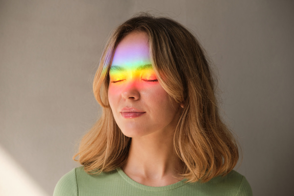 Portrait of a woman with short blonde hair in green clothes posing with her eyes closed from a rainbow ray