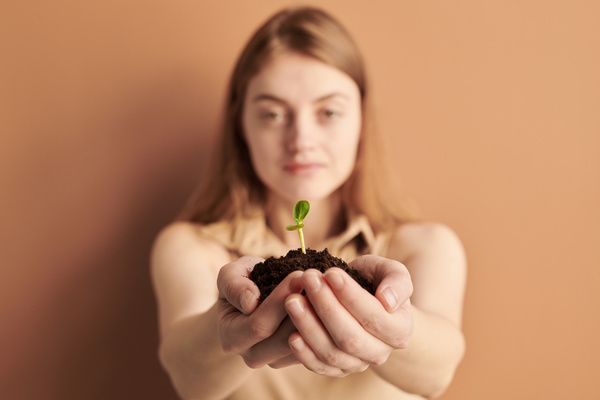 Close-up of a handful of soil with a sprout in the hands of a woman in a beige outfit