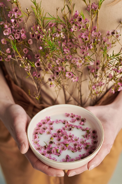 A woman with pink wildflowers in her pants holding a light bowl with flower buds in milk