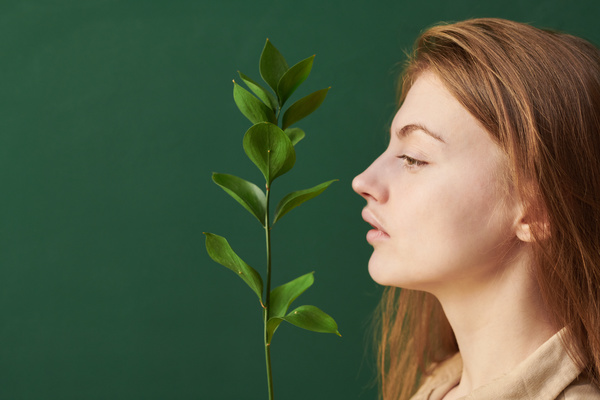 Profile of a woman with brown hair with a branch with green leaves in front of her face