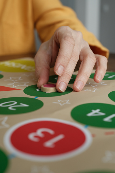 An elderly woman making a move with a wooden chip on a bright board game field
