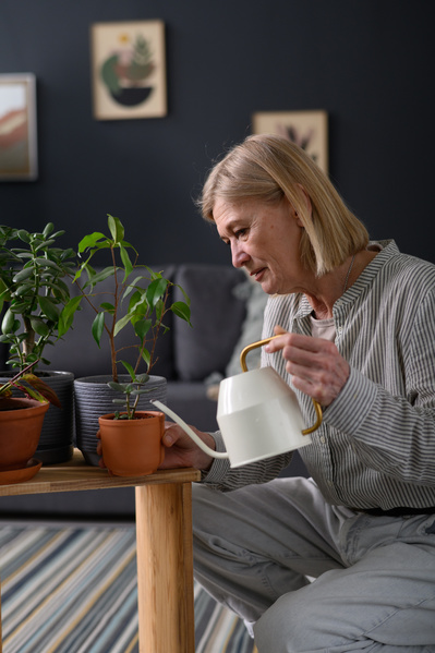 An aged woman with short blonde hair watering potted houseplants