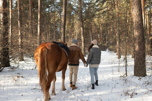 A Romantic Couple Walking with a Horse