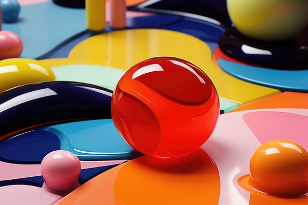 A visually appealing artistic creation is depicted featuring colorful balls of various sizes and shades arranged in a dynamic composition accompanied by puddles of vibrant colored liquids