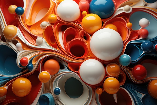 A vibrant and colorful collage of cups balls and tubes arranged in an intricate and artistic manner utilizing red orange blue yellow and white colors creating a visually appealing composition that captures the essence of creativity and artistic expression