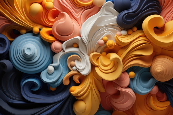 A Mesmerizing Close-Up View of Swirling Vibrant Orange Yellow Blue and White Fluid Flowing in Circular Motion