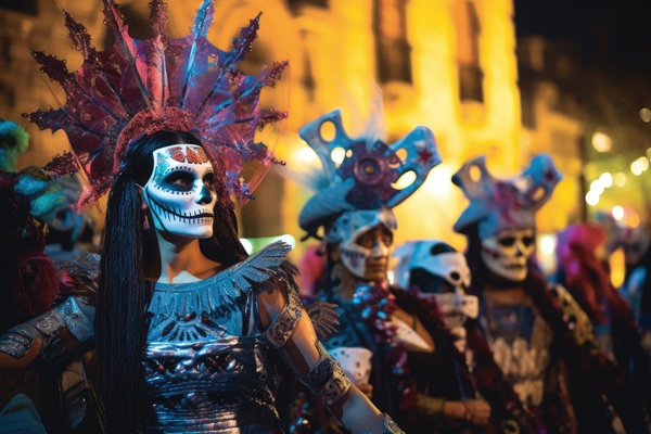 Mexican day of the dead parade. The image depicts a group of people dressed up in day of the dead costumes adorned with elaborate headdresses and makeup.