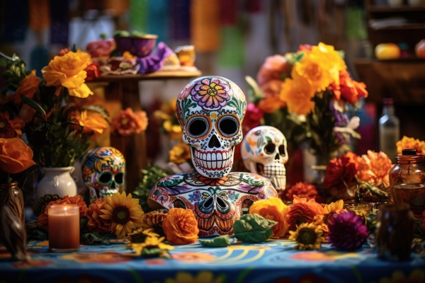 A mexican sugar skull. The image showcases a beautifully decorated table adorned with a colorful display of sugar skulls flowers and candles.