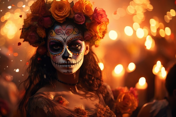 A woman with sugar skull makeup and flowers. The image depicts a woman dressed up as a sugar skull adorned with colorful flowers in her hair.