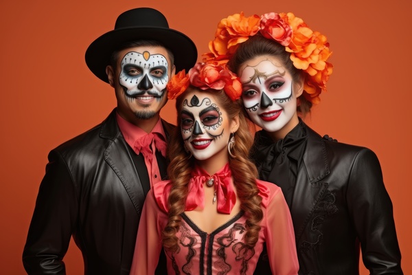 Three people in mexican costumes on orange background. In this image a group of three people are dressed up in day of the dead costumes and makeup.
