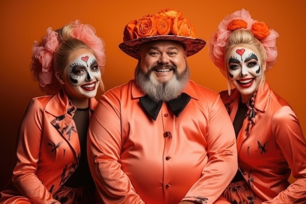 The man in the orange suit and the three women with makeup