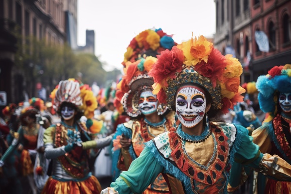 A group of people in colorful costumes. The image depicts a group of people dressed up in colorful costumes adorned with elaborate headdresses and masks marching down a city street during a parade.