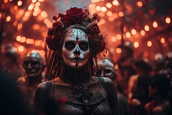 A woman with a skull makeup and flowers. In this image there is a woman dressed in a day of the dead-inspired costume adorned with skull makeup and flowers in her hair.
