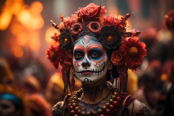 A woman with a skull makeup and flowers