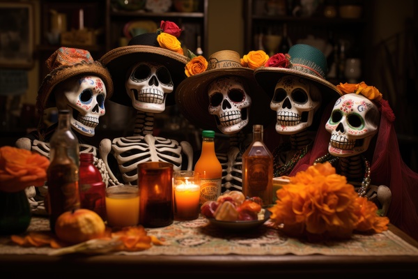 Mexican skeletons. In this image a group of skeletons are gathered around a dining table wearing hats and smiling at the camera.