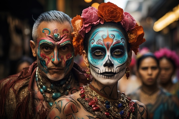 A couple with day of the dead makeup. In this image a man and a woman are dressed up in day of the dead costumes adorned with colorful makeup and intricate designs.