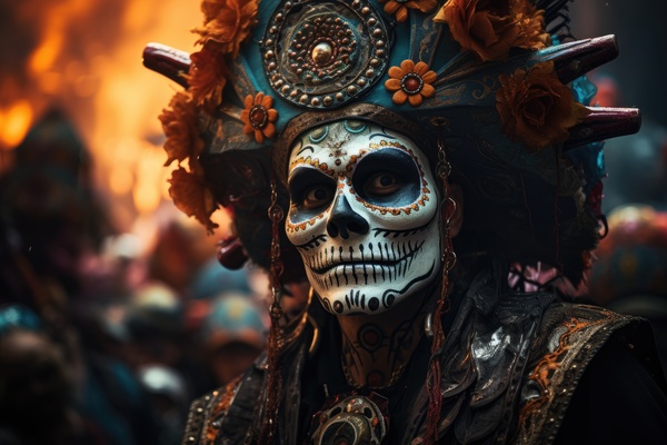 A man in a mexican costume. In this image there is a man dressed up as a skull adorned with a colorful headdress and elaborate makeup.