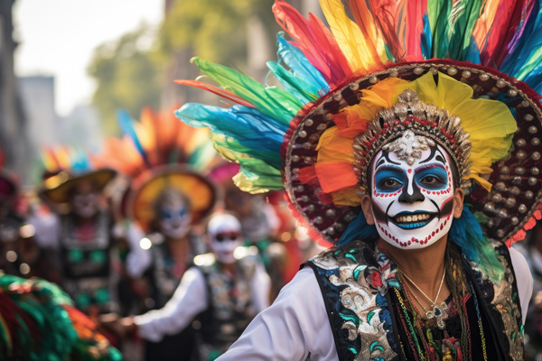 A mexican day of the dead parade. In this image there is a man wearing a colorful headdress and face paint resembling a day of the dead skull.