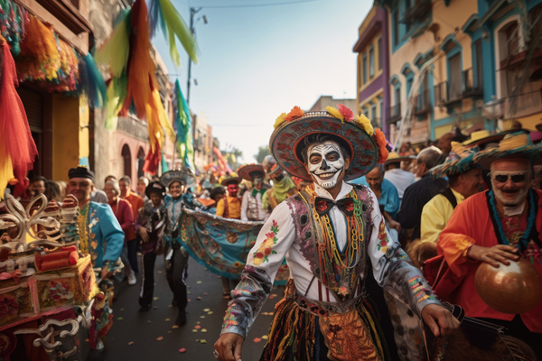 A mexican day of the dead parade. In this image there is a vibrant parade taking place on a city street.