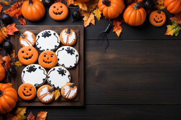 Halloween cookies on a wooden table with autumn leaves and pumpkins