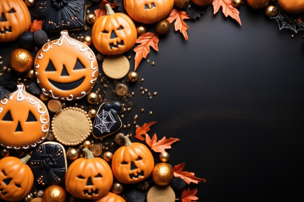 Halloween pumpkin cookies on black background