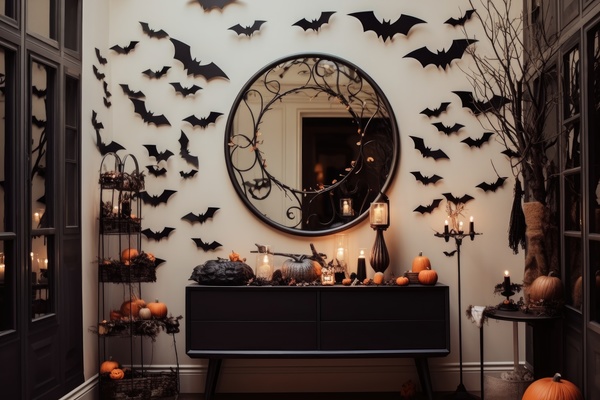 Halloween decorations. In this image a hallway is decorated for halloween.