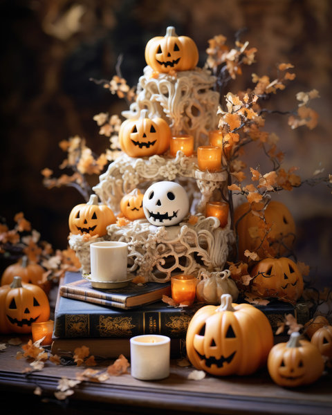Halloween decoration on table with candles and pumpkins