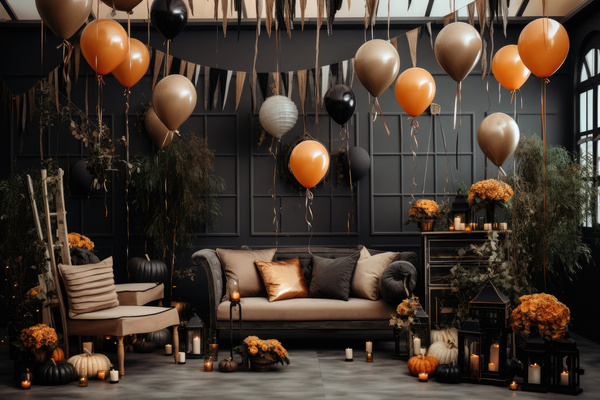 Halloween decorations. The image depicts a spacious living room decorated for a halloween celebration.